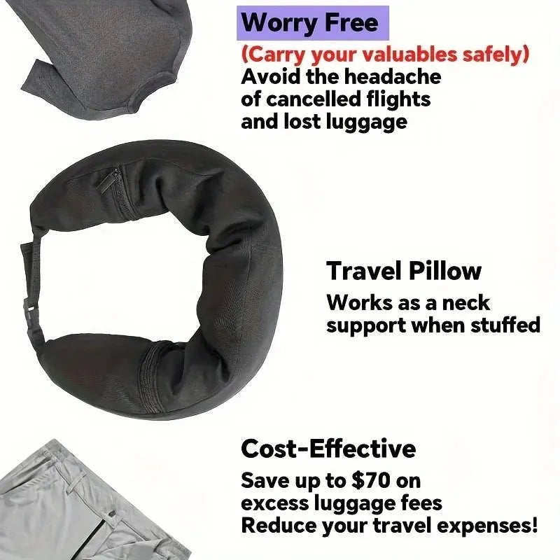 3-in-1 Travel Neck Pillow with Integrated Clothing Storage - Essential for Avoiding Extra Baggage Fees