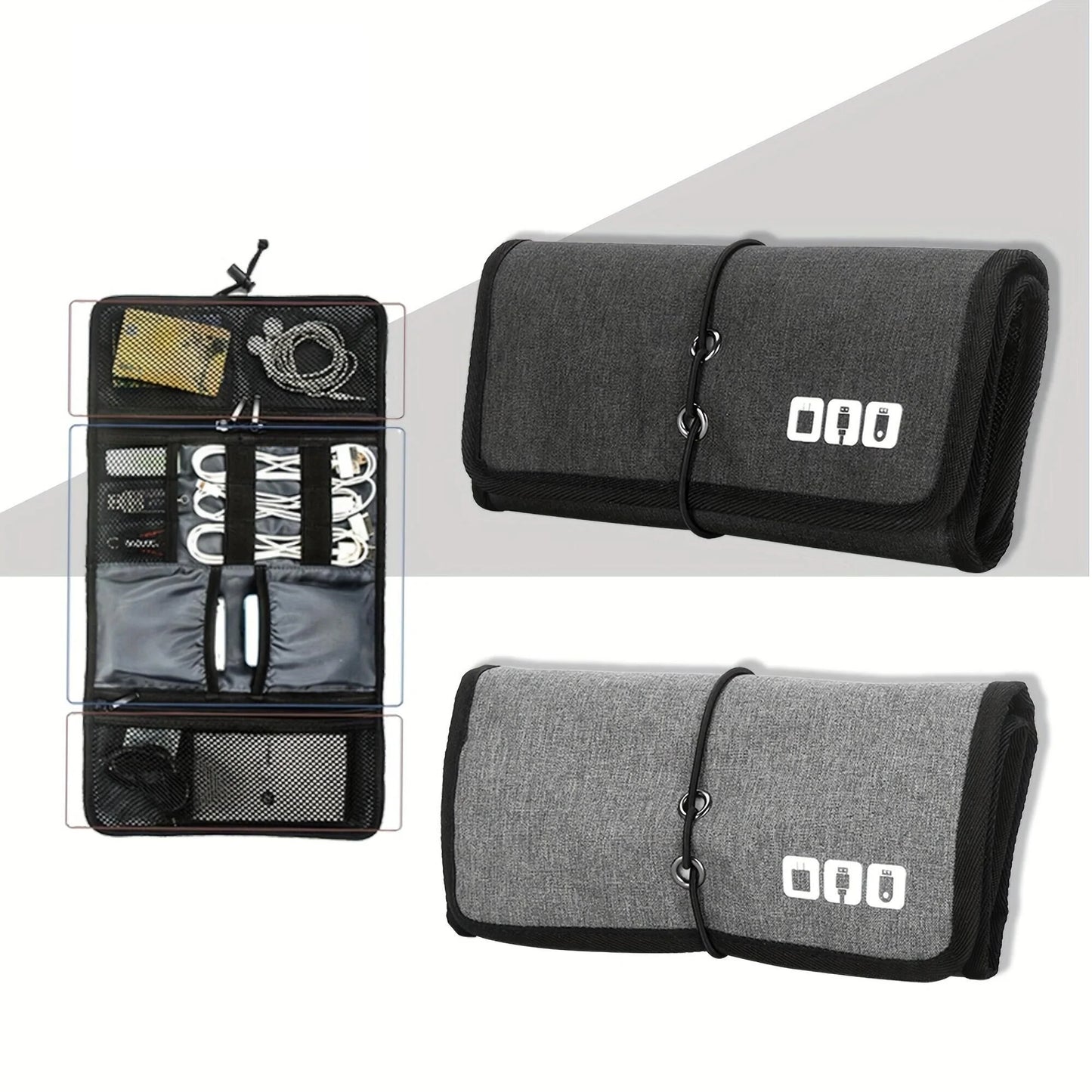 Electronic Organizer Cord Pouch, Travel Cable Charger Phone Accessories Bag Organizer Roll up Tech Carrying Case for USB Cables